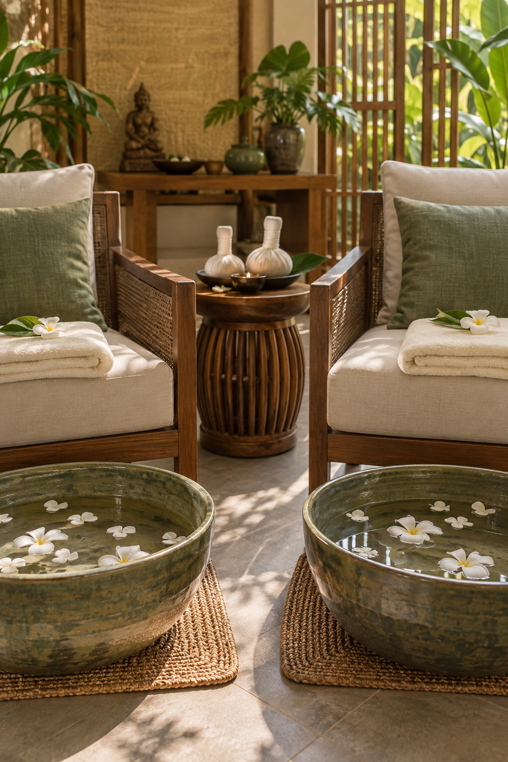 Two foot soak bowls prepared with flowers and towels