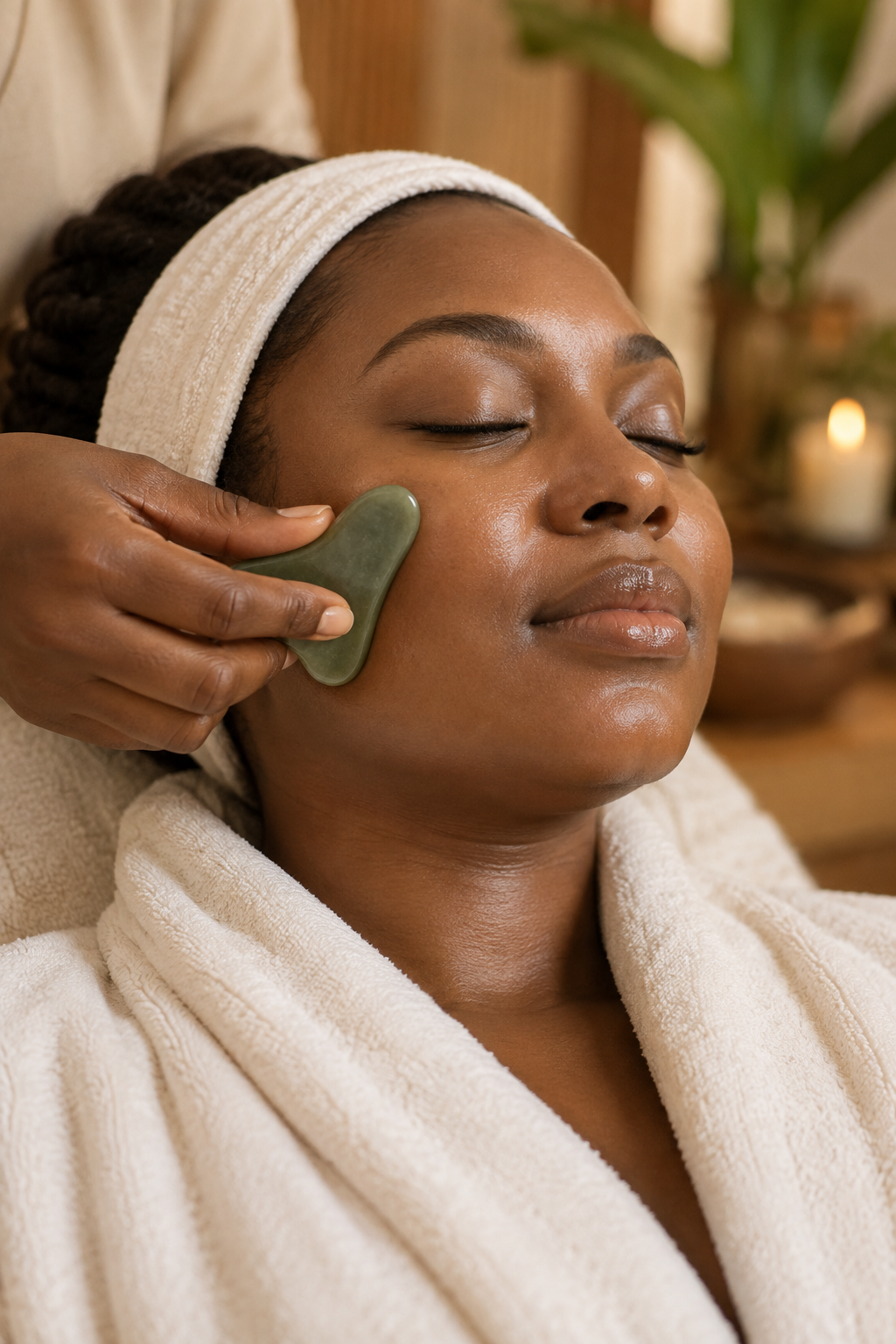 Gentle Gua Sha facial massage with a jade tool