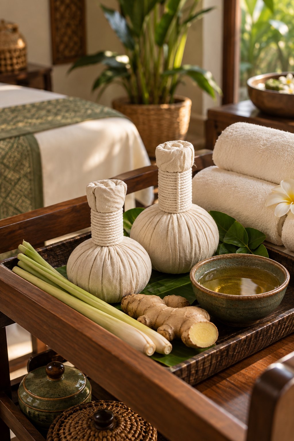 Thai herbal compresses, aromatic oil and fresh herbs