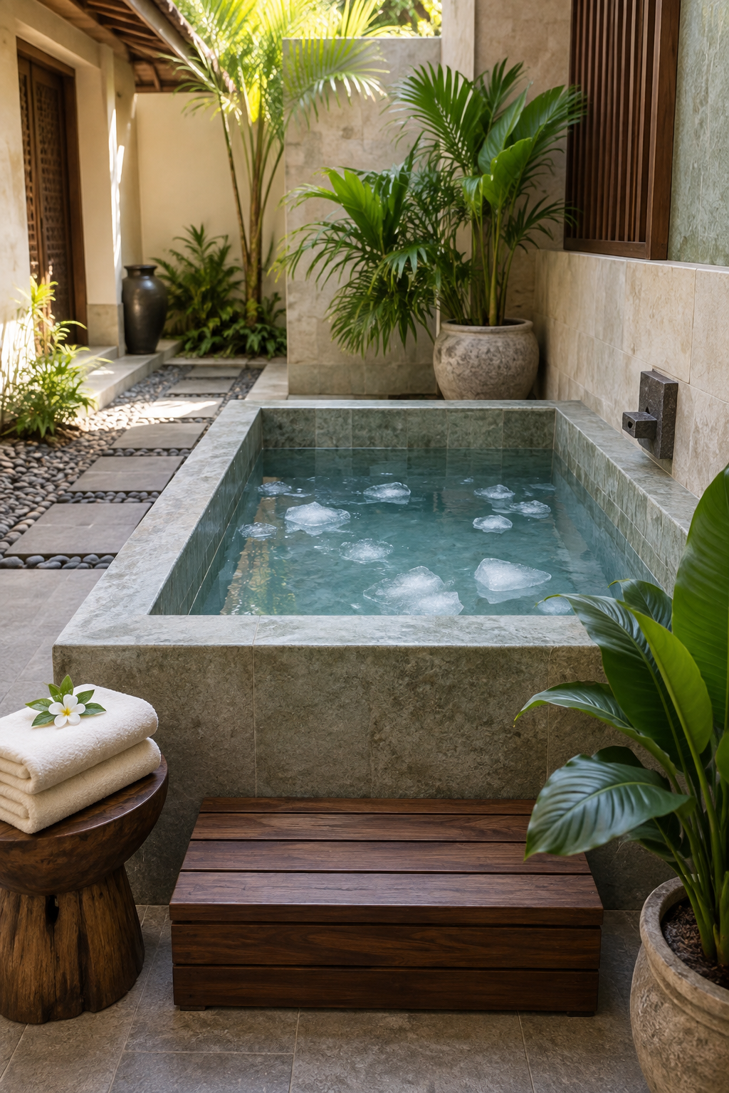 Clear cold plunge bath in a tranquil spa setting