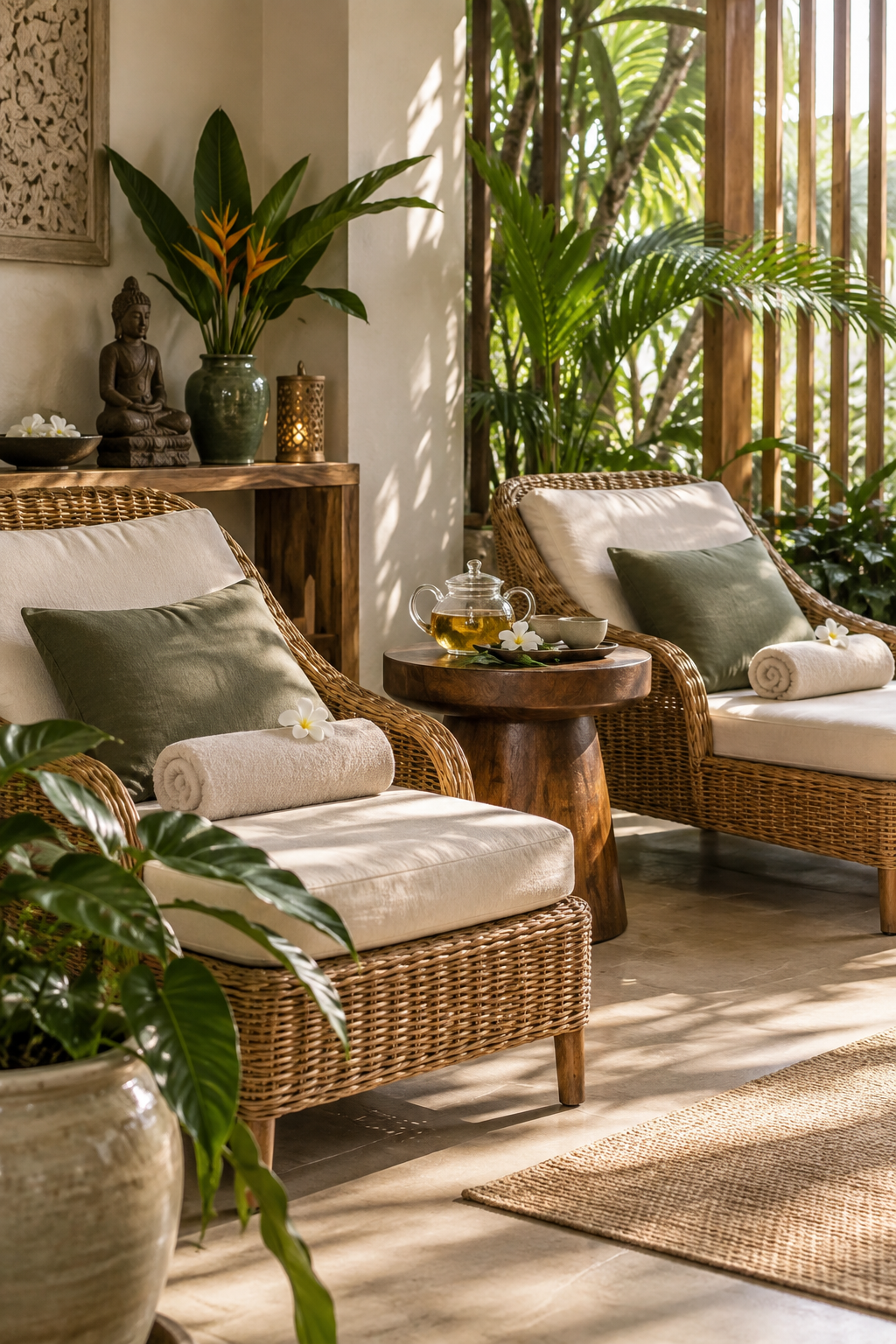 A quiet relaxation nook with herbal tea and lounge chairs