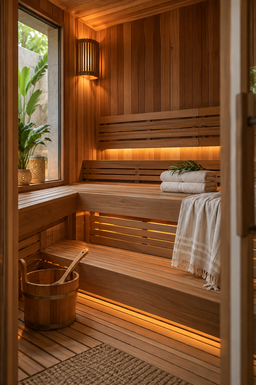 Warm wooden sauna with towels and a wooden bucket