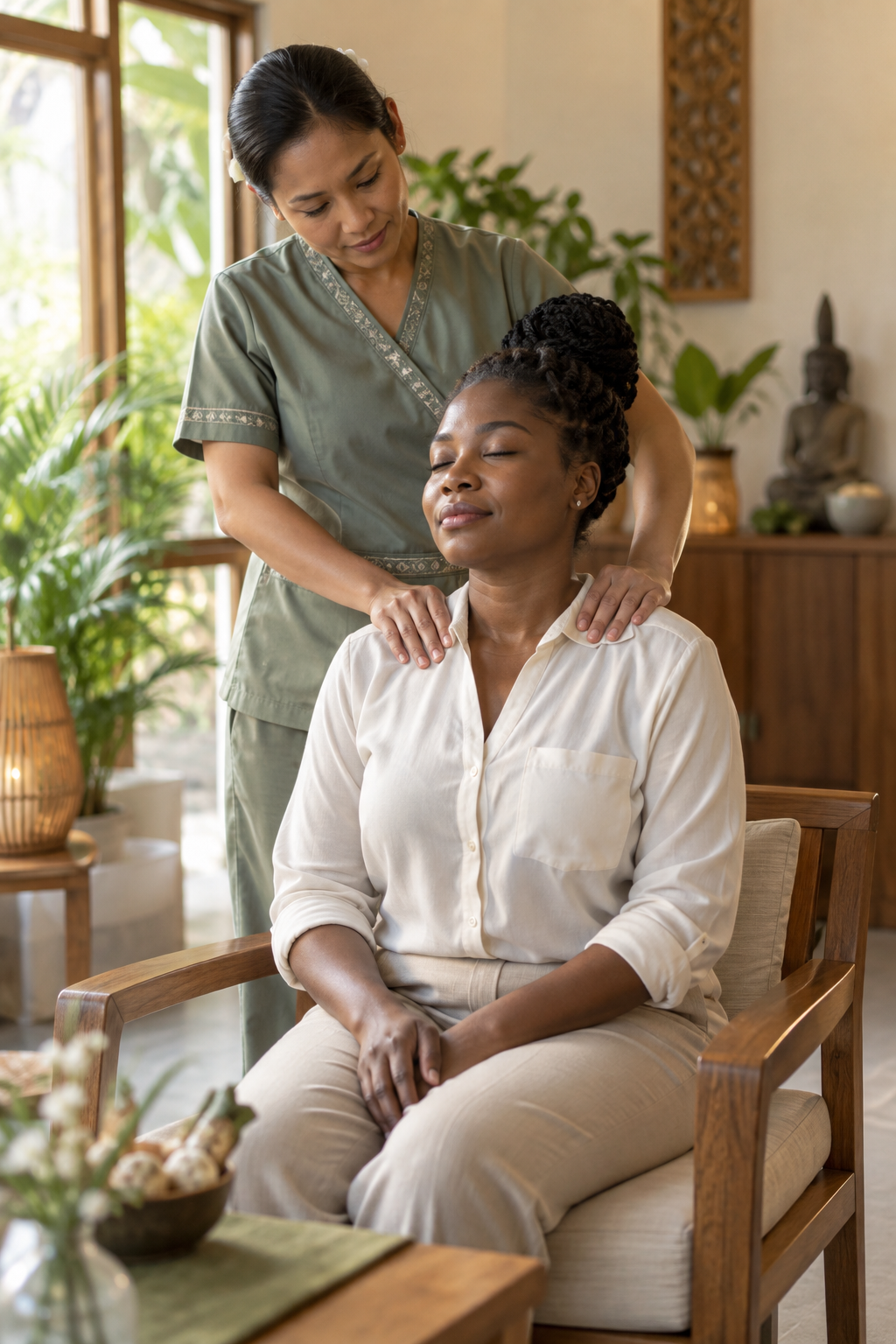 Therapist providing a seated shoulder massage