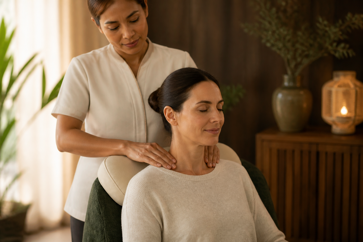Therapist providing a gentle hands-only neck and shoulder massage