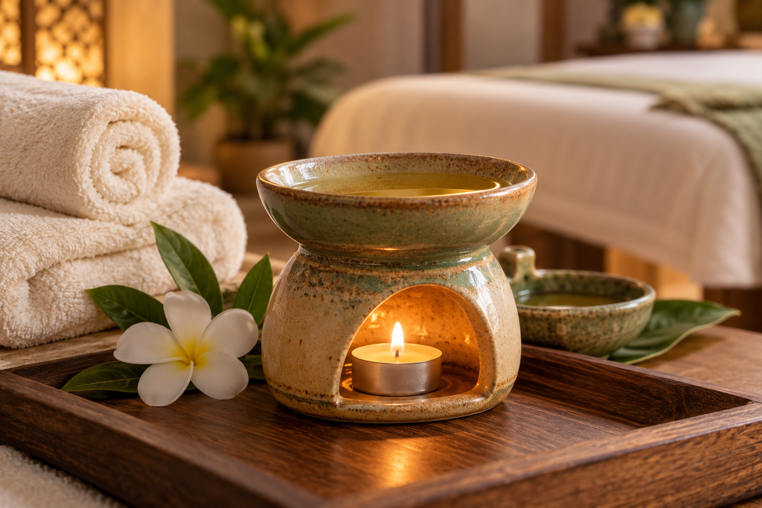 A ceramic pot of massage oil warmed by candlelight in a serene spa setting
